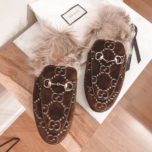 Gucci GG Velvet Monogram Fur Princetown Mule 37